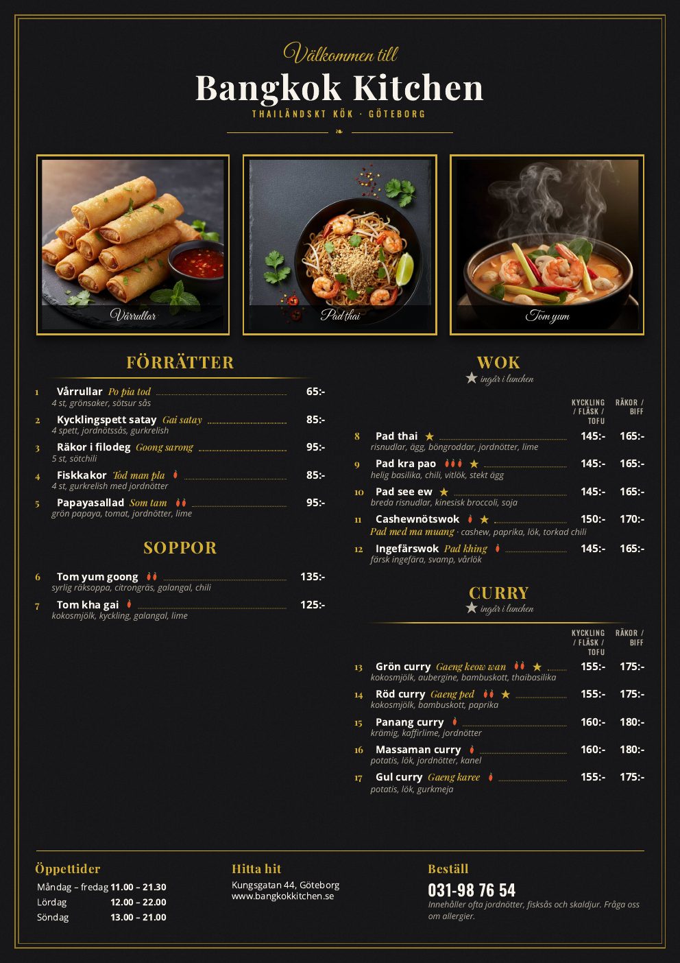 Bangkok Kitchen, sida 1 med förrätter, soppor och wok