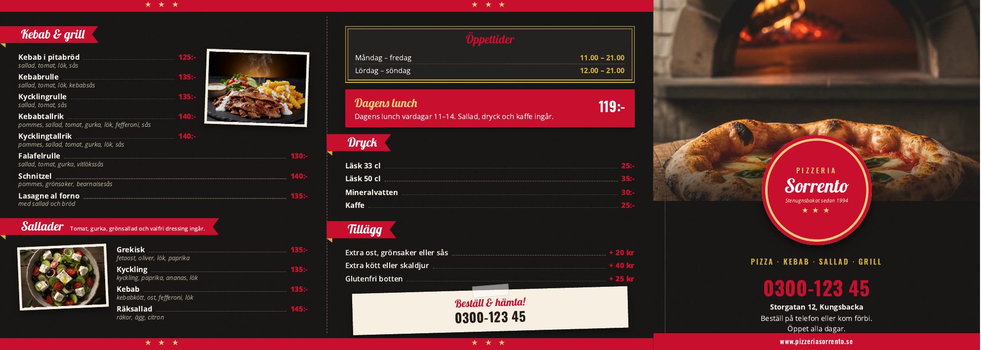 Pizzeria Sorrento, utsida med omslag, kebab, sallader och öppettider